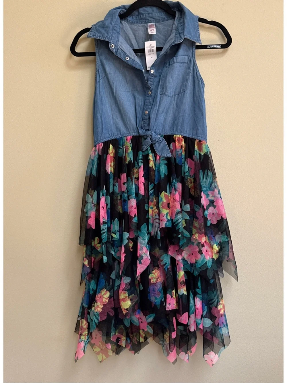 Denim Tie-Front Top with Floral Tulle Skirt Dress